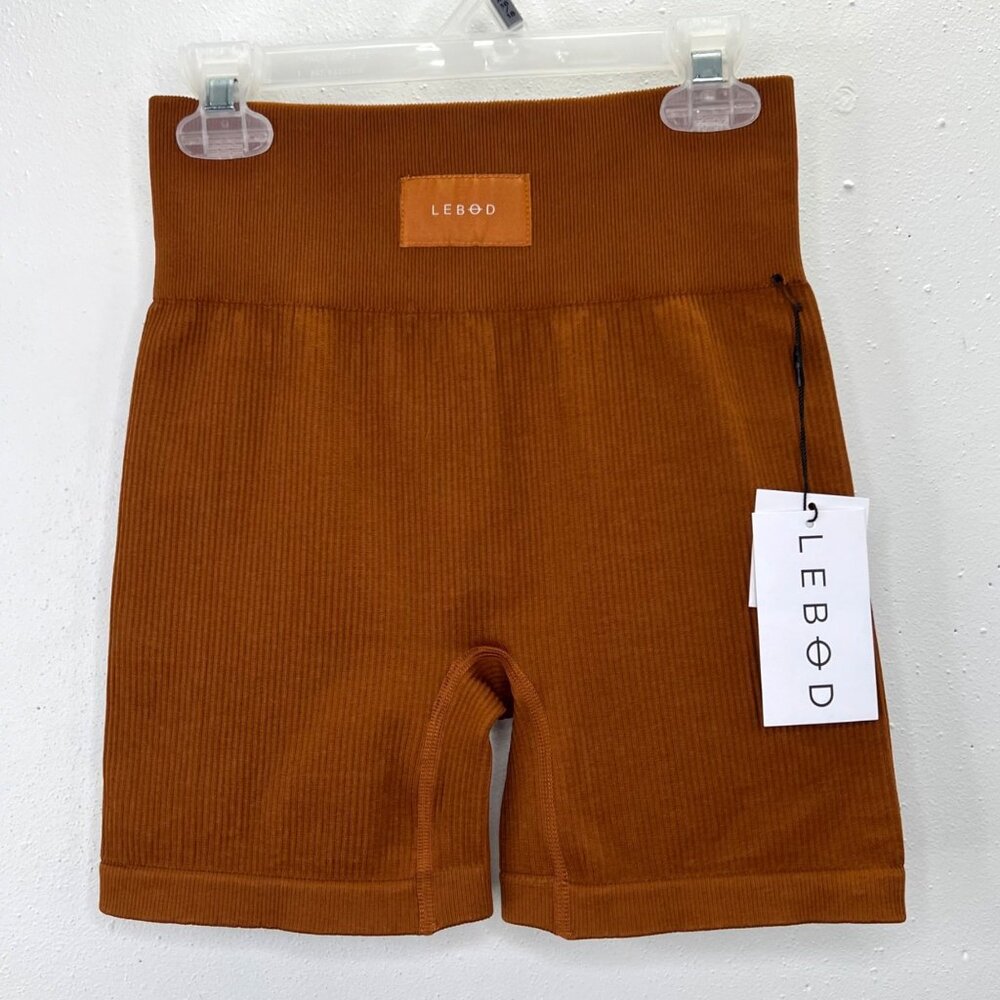 LeBod Ribbed Knit Bike Shorts M Brown Caramel Workout Athletic Fitness NWT